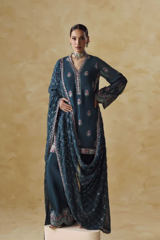 Akbar Aslam Evra embroidered chiffon party wear 3-piece set in multi-dyed palette — front view
