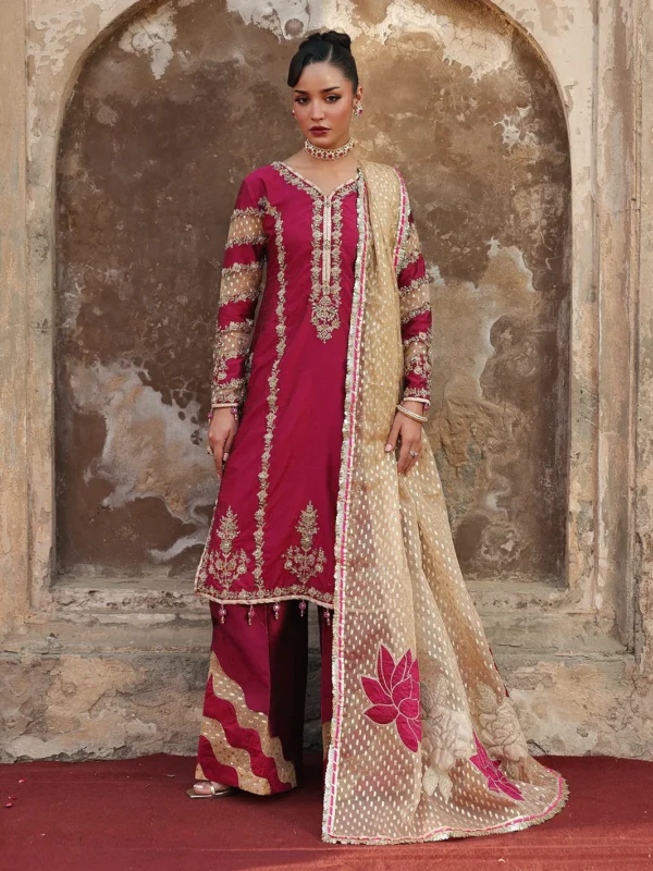 Allys Official Rut raw silk embroidered 3-piece formal wear with tilla and pearl embellishments