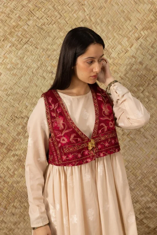 Dori Tales Threadwork Koti in Dupion Silk — embroidered formal wear with beaded tassel detailing in Gulab Jamun