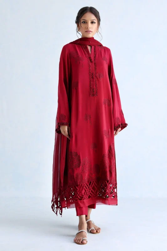Eid Collection Cedar red crepe silk 3-piece formal wear kurta set with dupatta — Pakistani designer fashion
