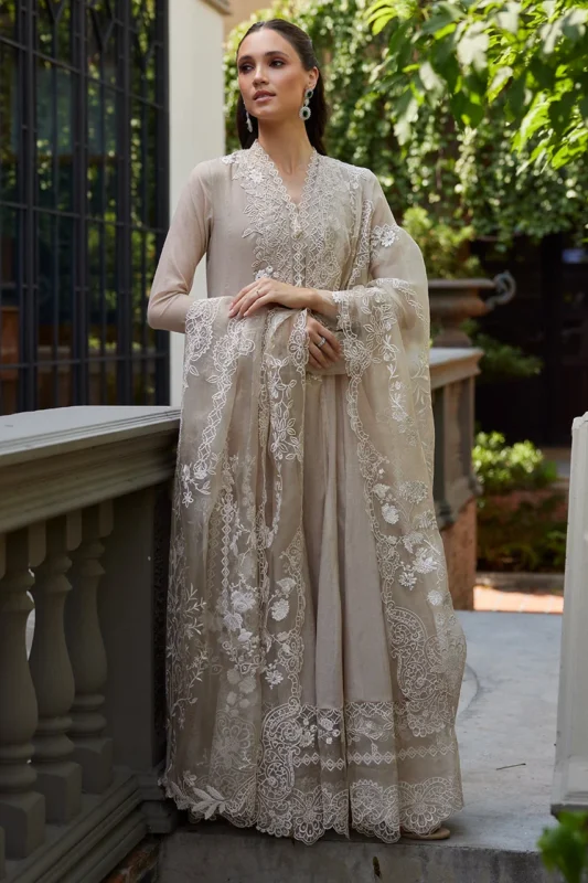 Eid Festive Edit'26 Dima beige Kora Silk kalidar formal wear with white floral embroidery and organza dupatta