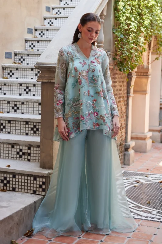Eid Festive Edit'26 Yuze 4-piece organza jacket party wear set in aqua blue with beaded belt