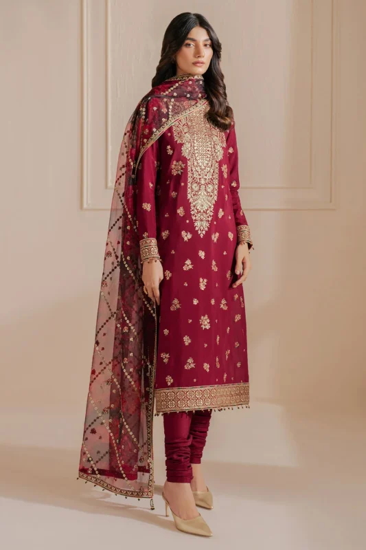Formals Collection embroidered raw silk party wear 3-piece suit with organza dupatta – front view