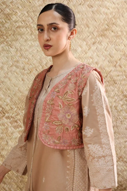 Generation Batik Dori Embroidered Dupion Silk Koti in Chai Pink – Formal Wear by Generation Pakistan