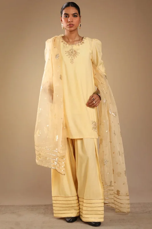 Gilded Polki Embroidered 3-Piece Pakistani Formal Wear Set in Yellow Raw Silk Lurex with Organza Dupatta