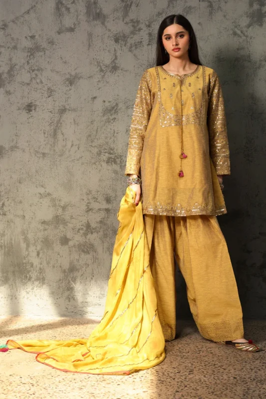 Golden Sequin Farshi Suit 3-piece Pakistani formal wear with embroidered paneled shirt and silk dupatta