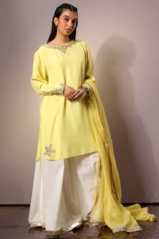 Gota Kari 3-Piece Sharara Set in Lemon Tonic Two-Tone Raw Silk — Pakistani Formal Wear by Zilverah