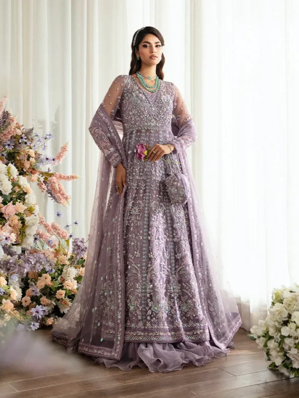 Gulaal purple net kalidaar 3-piece luxury party wear from Emalyn Collection — front view