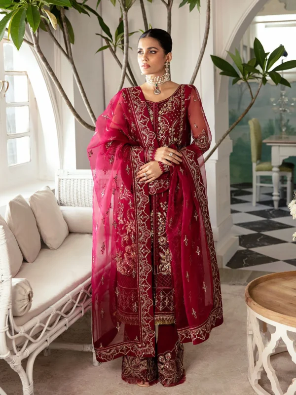 Gulaalpk Samara red organza embroidered 3-piece luxury party wear suit — front view