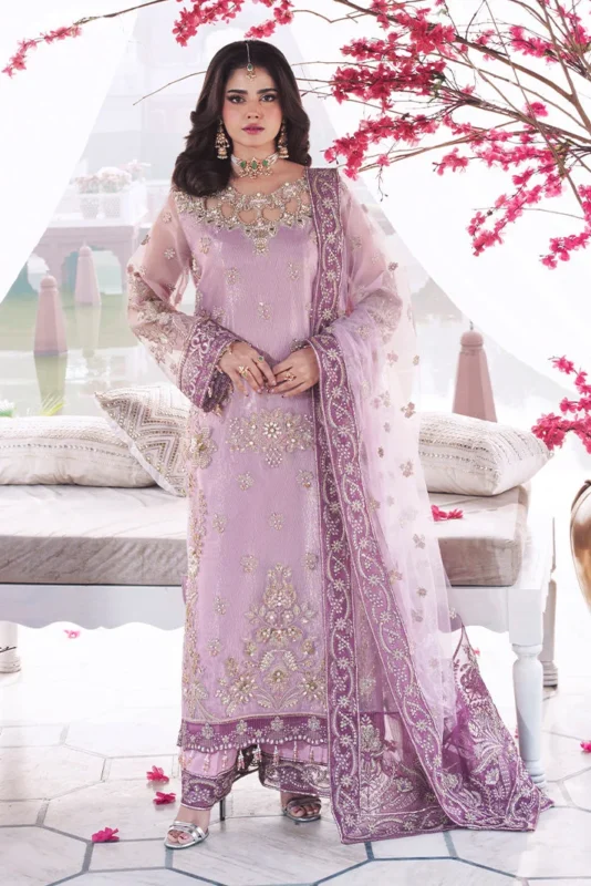 Imrozia Gulraiz embroidered organza luxury formal wear 3-piece suit in Blush Pink