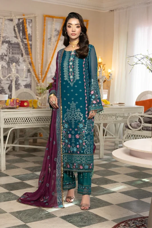 Imrozia Serene Hinaaya sea green embroidered chiffon formal wear 3-piece suit – front view