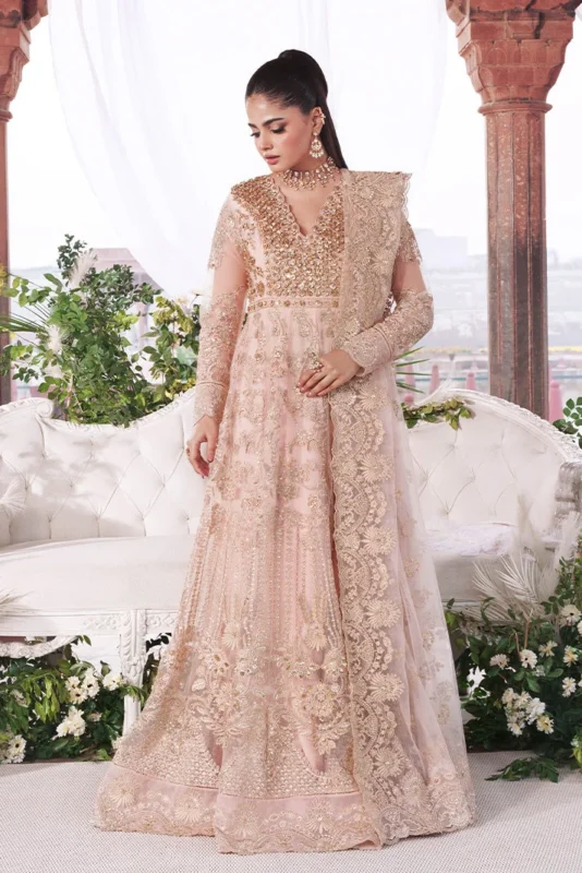 Imrozia Meherbano peach embroidered net 3-piece luxury formal wear suit – front view