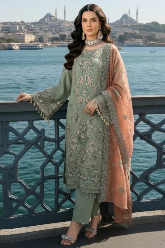 Imrozia Premium Dilara Sultan embroidered party wear chiffon suit in Pista green – Mehr-e-Mah Collection