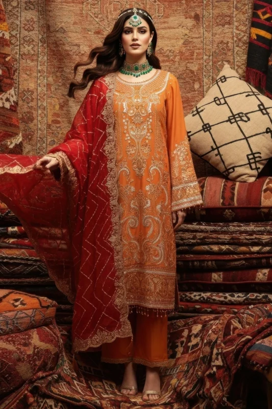 Imrozia Premium Esmara embroidered bamber chiffon formal wear 3-piece suit in orange
