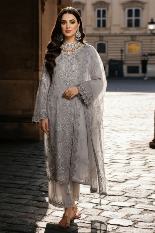 Imrozia Premium Feray light grey embroidered Bamber Chiffon 3-piece formal wear suit — Mehr-e-Mah Collection