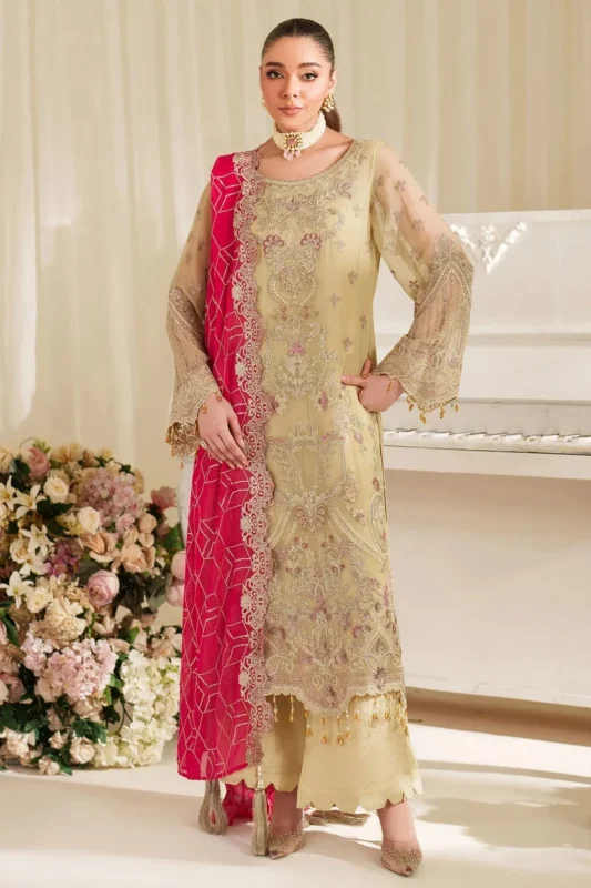 Imrozia Serene Dhalia ivory green embroidered chiffon 3-piece formal wear suit – front view