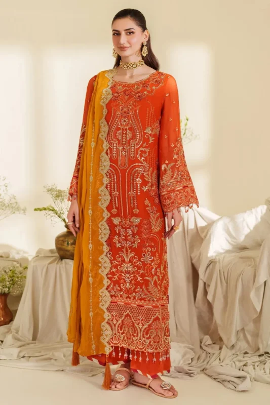 Imrozia Serene orange embroidered chiffon luxury formal wear 3-piece suit — authentic Pakistani designer