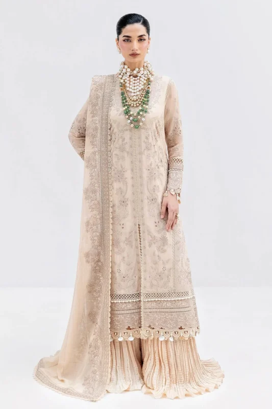 Imrozia Serene sand embroidered georgette 3-piece party wear suit — luxury Pakistani formal