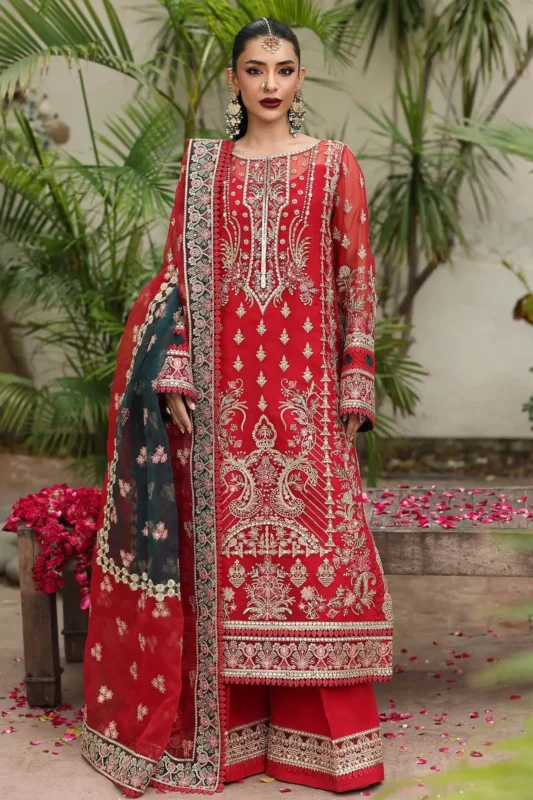 Imrozia Serene Sarosh embroidered organza formal wear 3-piece suit in red