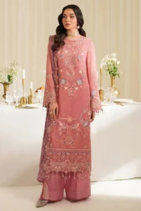 Imrozia Serene Luna tea pink embroidered chiffon party wear suit – front view