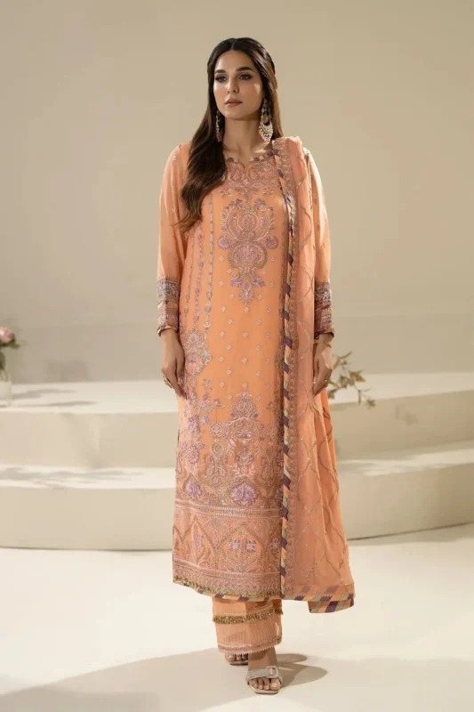 Imrozia Serene peach embroidered chiffon party wear unstitched 3-piece suit — front view