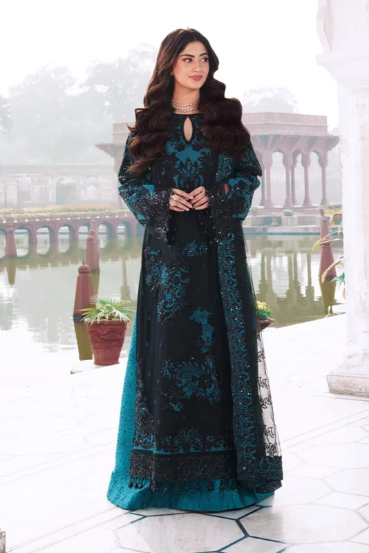 Imrozia Serene Shabnum embroidered net formal wear 3-piece black suit with stone embellishments