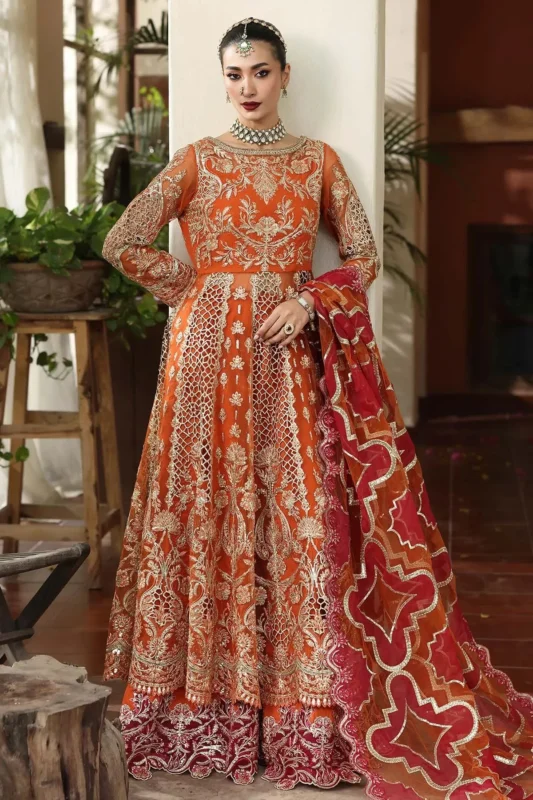 Imrozia Serene Zarmin rust orange embroidered organza 3-piece party wear suit – Zilverah
