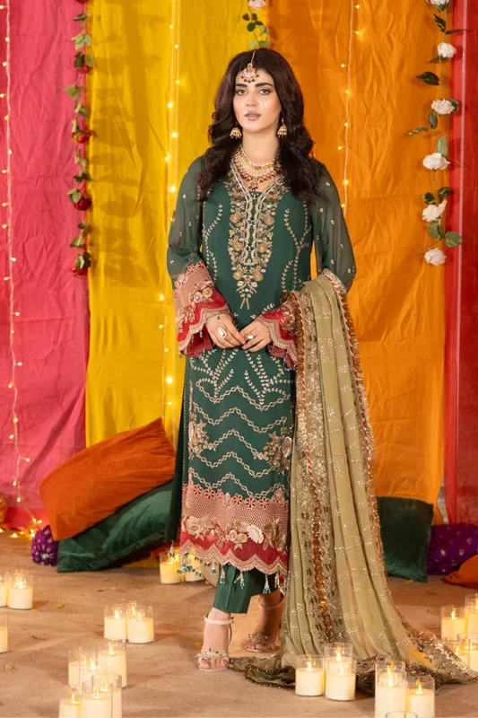 Imrozia Serene green embroidered chiffon luxury formal wear 3-piece suit – front view