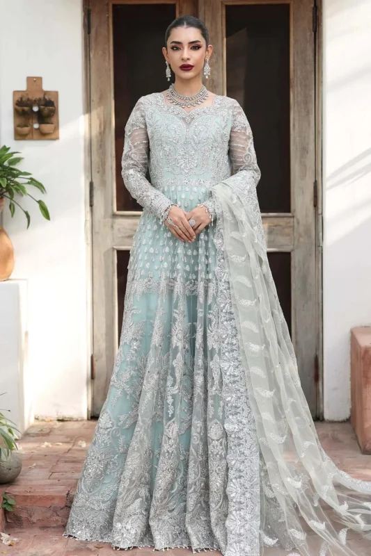 Imrozia Serene Zylah embroidered organza party wear 3-piece suit in aqua with handmade embellishments