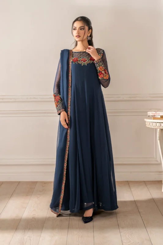 Iznik embroidered chiffon formal wear frock unstitched set 2025