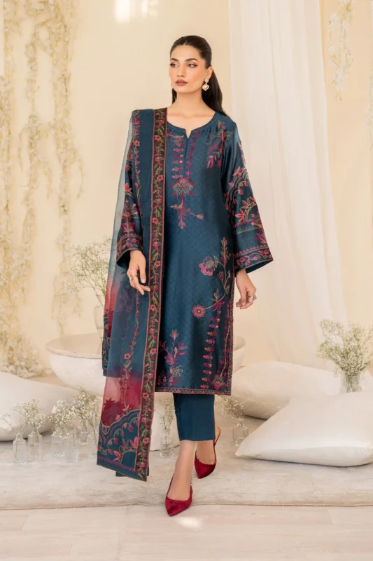 Iznik Embroidered Pure Jacquard Silk Party Wear Suit in Teal Blue – 3 Piece Luxury Formal