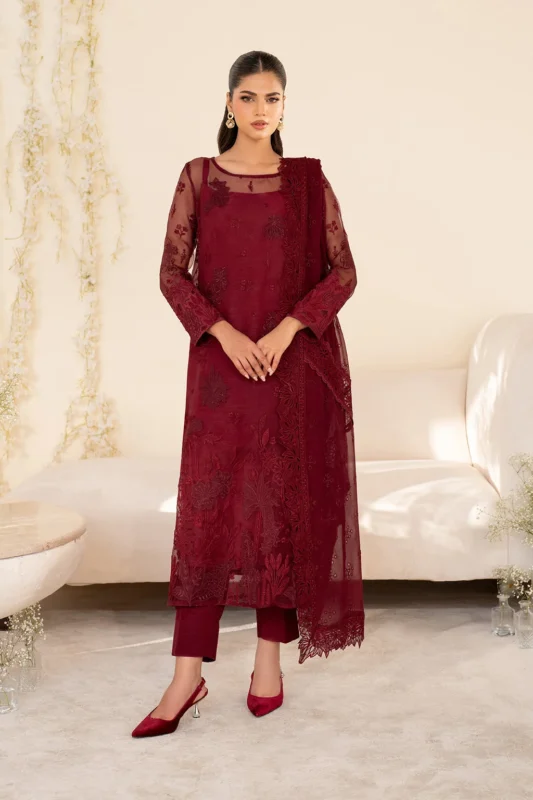 Iznik Embroidered Pure Organza Maroon Party Wear Shalwar Kameez with Dupatta – Authentic Iznik Collection