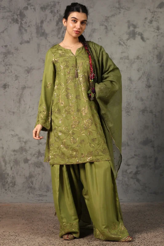 Kalamkaar Sitara Farshi Formal Wear 3-Piece in Grape Green Raw Silk — front view