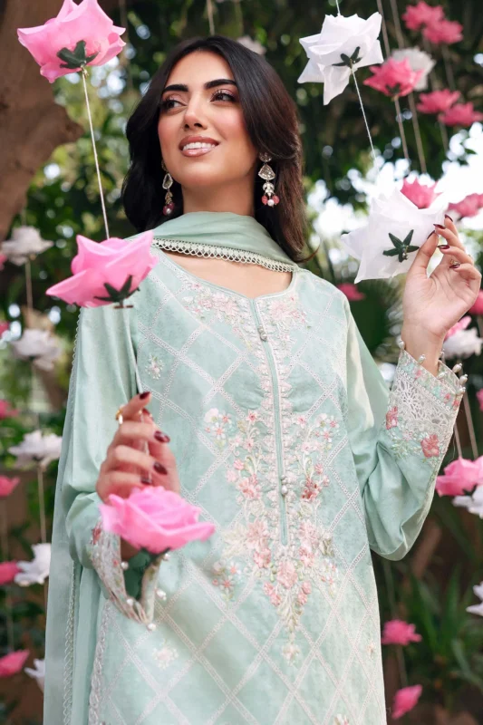Maria.B. 3-Piece Embroidered Dobby Lawn Party Wear Suit in Ferozi – Authentic Pakistani Designer
