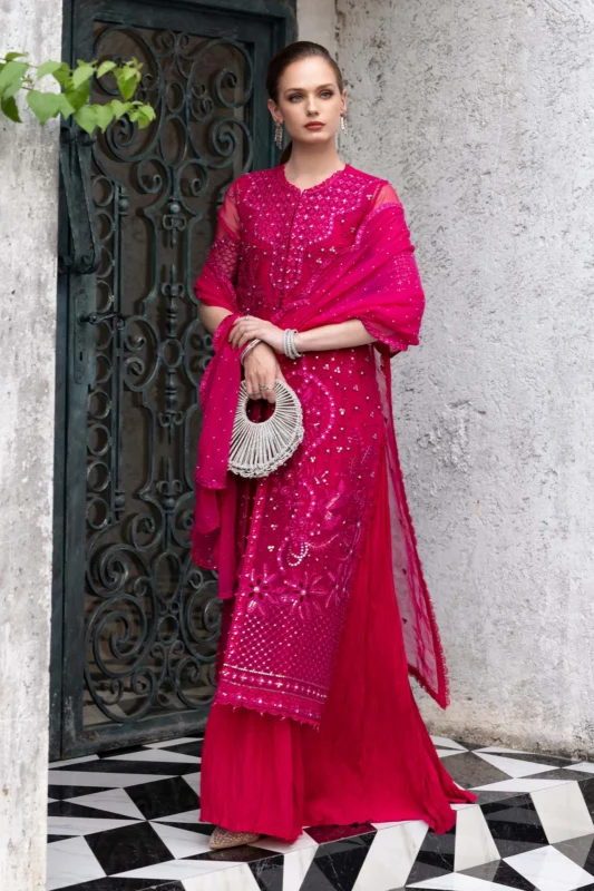 Maria.B. 3-Piece Embroidered Organza Formal Wear Suit in Fuchsia Pink – Authentic Pakistani Designer