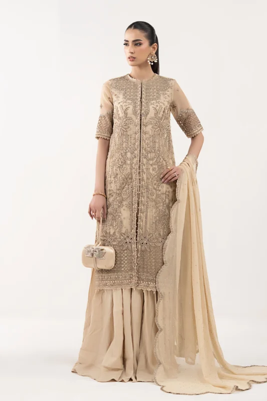 Maria.B. 3-Piece Embroidered Organza Formal Wear Suit in Coffee — Authentic Pakistani Designer