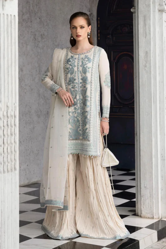 Maria.B. 3-Piece Embroidered Organza Sharara Suit in Off-White – Luxury Formal Wear