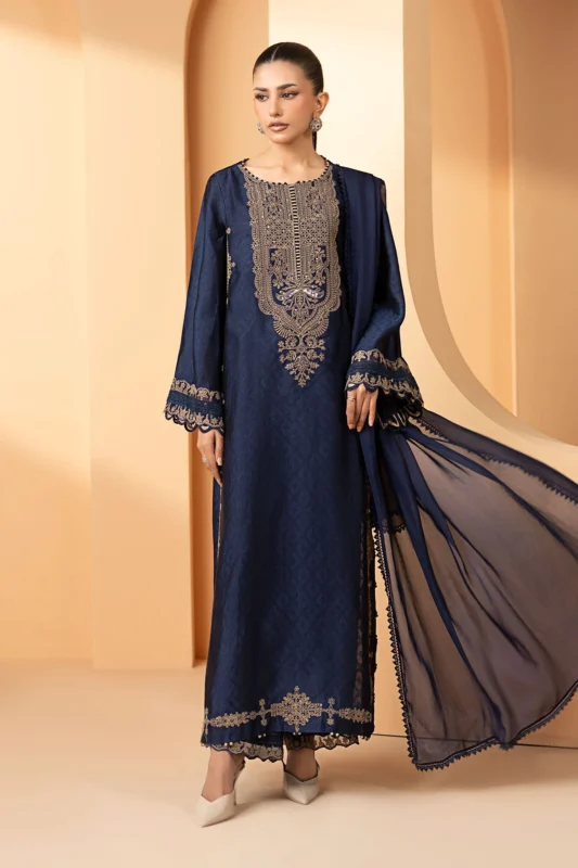 Maria.B. 3-piece embroidered self tassel silk party wear suit in blue – front view