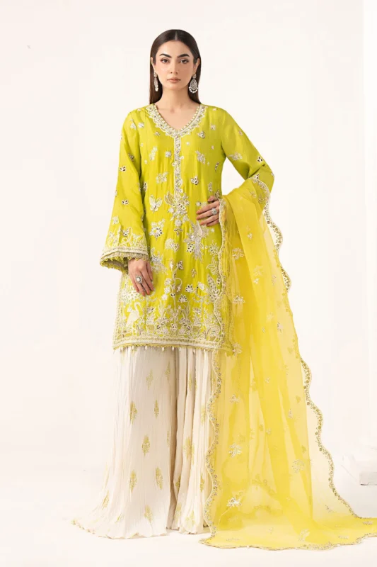 Maria.B. Embroidered Raw Silk Sharara Suit in Acid Green – Luxury Pakistani Formal Wear