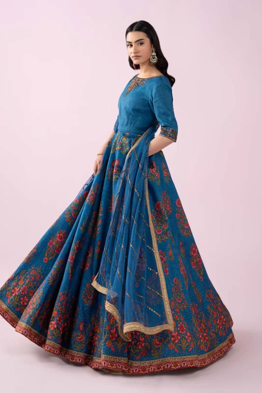 Maria.B. Blue Embroidered Raw Silk 3-Piece Party Wear Suit with Diamante Embellished Blouse and Ombre Lehenga