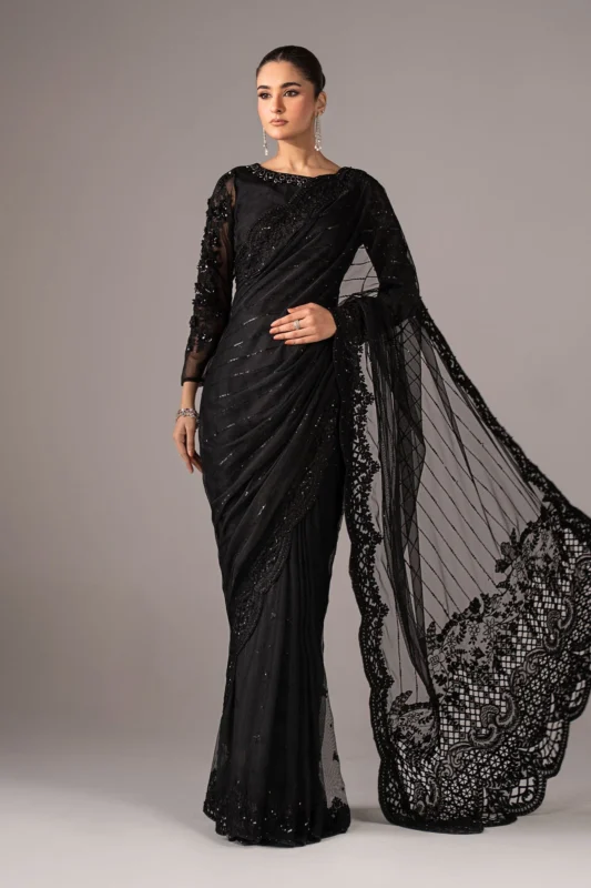 Maria.B. embroidered black net saree luxury party wear – front full view