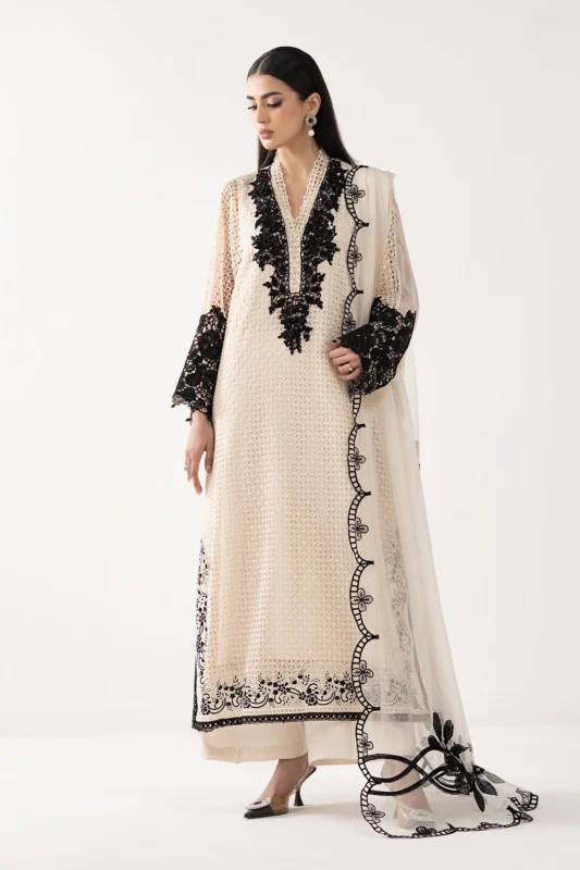 Maria.B. 3-piece embroidered chiffon formal wear suit in off-white with raw silk culottes