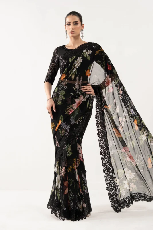 Maria.B. Embroidered Black Chiffon Saree – Luxury Party Wear Pakistani Designer