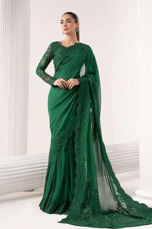 Maria.B. Embroidered Green Chiffon Saree – Luxury Formal Wear Front View