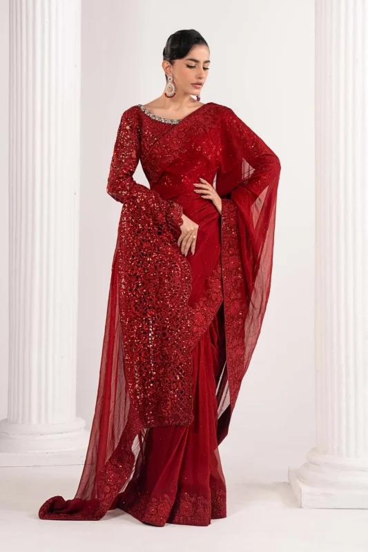 Maria.B. Embroidered Chiffon Saree in Red – Authentic Pakistani Party Wear