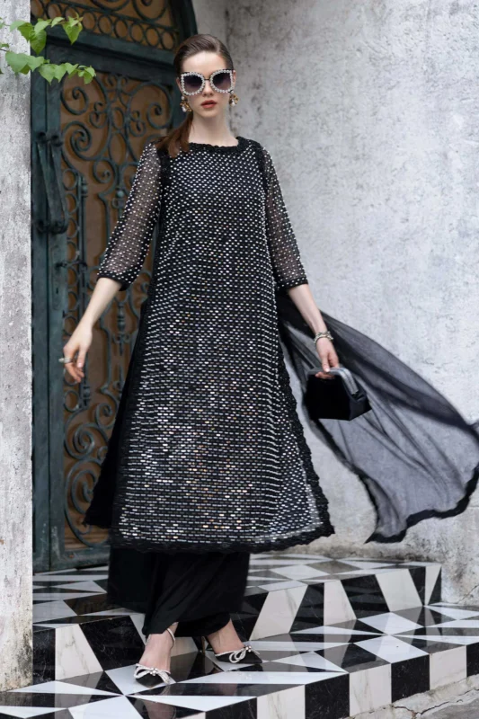 Maria.B. black 3-piece embroidered organza formal wear suit — full front view