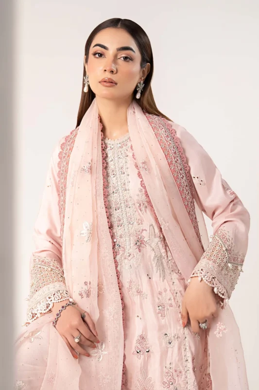 Maria.B. 3-piece embroidered raw silk party wear suit in blush pink with pearl drop detailing