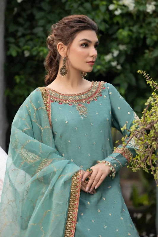 Maria.B. 3-piece embroidered raw silk gharara suit in Ferozi – luxury formal wear with pearl and Gotta ball detailing