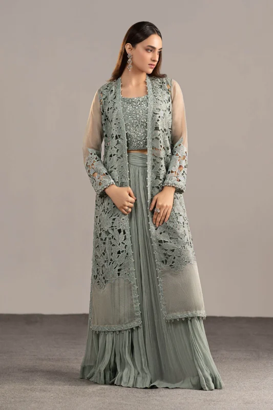 Maria.B. Ice Blue 3-Piece Embroidered Zari Organza Sharara Suit – Luxury Formal Wear