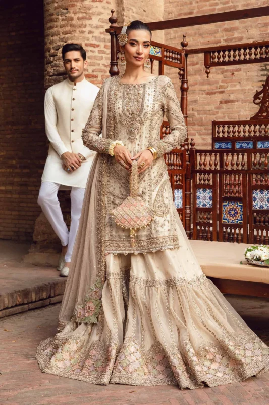 Maria.B. Ishtar ivory gharara couture party wear with kundan and pearl embroidery – full front view